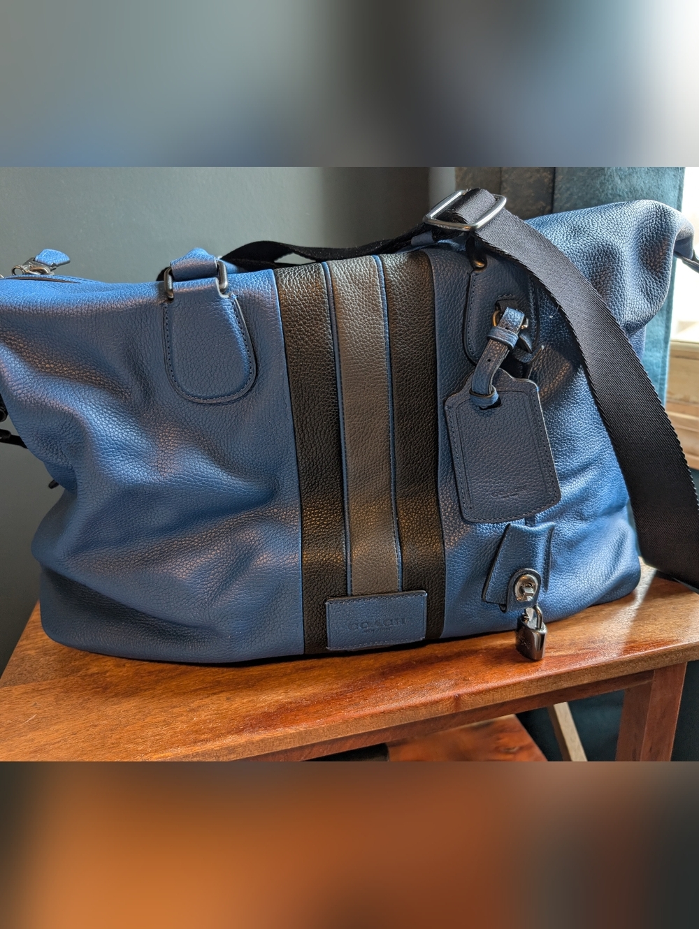 Coach Varsity Stripe Explorer Bag In Pebbled Leather -Blue